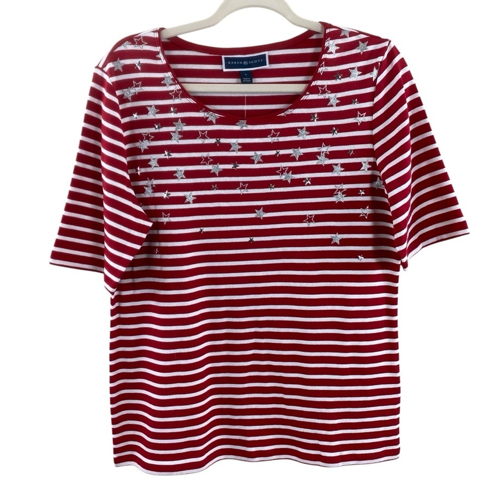 Karen Scott Red and White Striped w/Small Metal‎ Stars Short Sleeve Tee Sz L